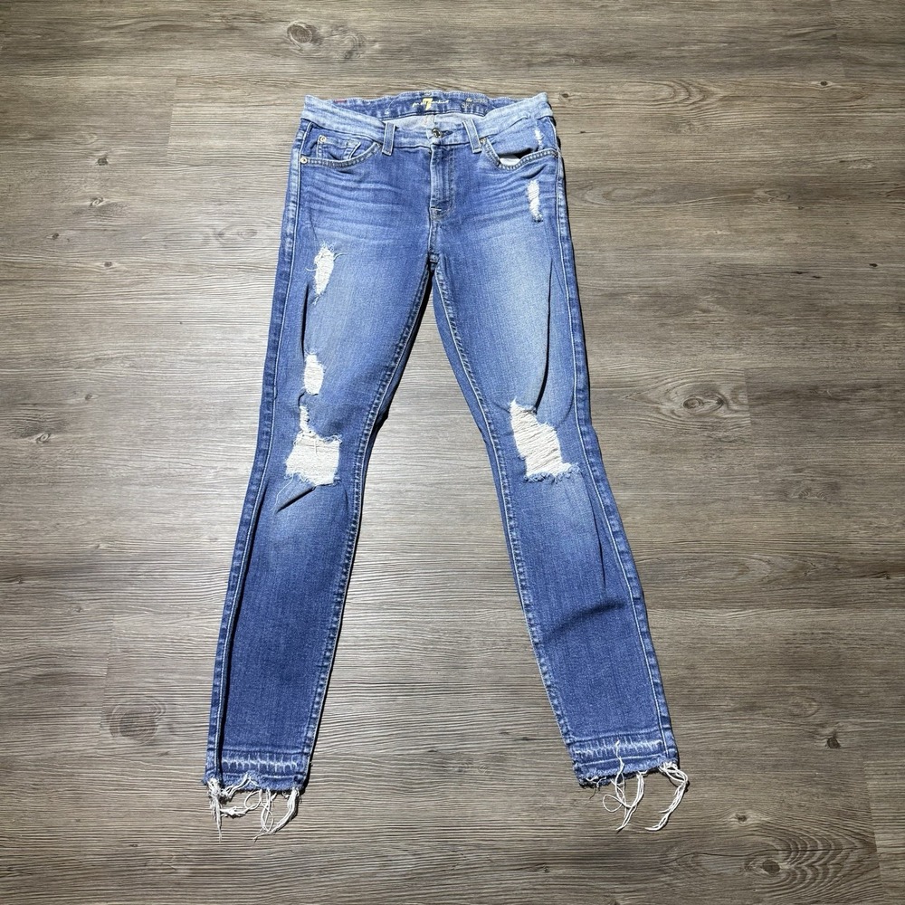 7 For All Mankind The Ankle Skinny Jeans Women's 26 Blue Distressed Raw Hem